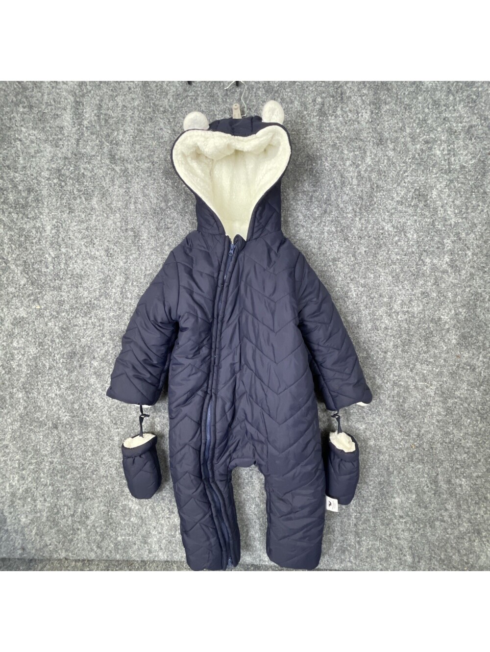 Navy Blue Quilted Cozy Sherpa Lined Snowsuit With Mittens For Baby 18 To 24 Mo